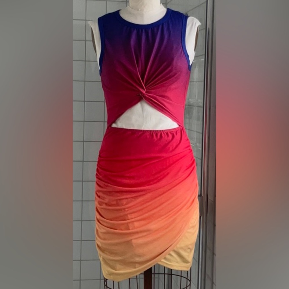 Body-con Dress Hombre Blue Orange Yellow Knot Front Above Knee Length Med NWOT